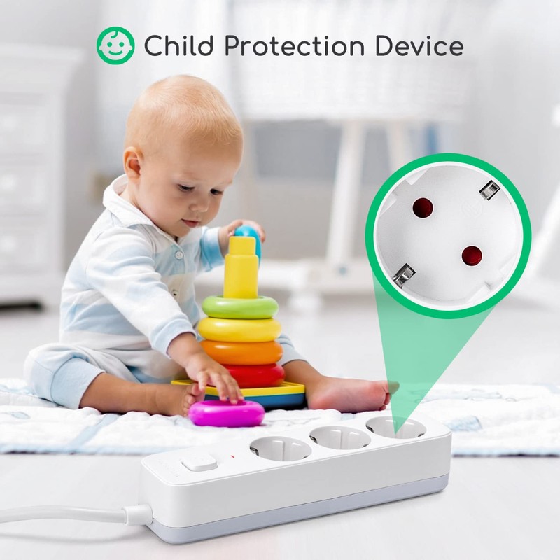 Aigostar 3-Way Power Strip with Switch, Multiple Socket with Child