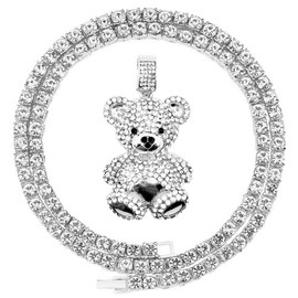 Mens Hip Hop Iced Out Chain Necklaces Silver Gold Monkey | Bear | Lion Pendant Chains Bling Rapper Jewelry (Silver Bear, Cuban Link Chain)