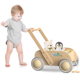 Wooden Baby Walker, Push and Pull Learning Walking Toys for Babies Infants to Toddler, Walker with Wheels for Boys Girls, Gift for Birthday Christmas, Natural