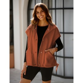 RIATOUR Women's Fleece Vest Oversized Fuzzy Sherpa Jacket Warm Sleeveless Button Down Outwear with Pockets (Orange-M)