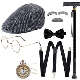 Gionforsy Old Man Costume Accessories Set Grandpa Accessories Set 1920s Mens Gatsby Gangster Costume with Newsboy Hat (Black Newsboy Hat)