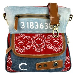 Sunsa Women's Shoulder Bag. Sustainable Handbag Made of Recycled Jeans Canvas & Leather Crossover Bag in Vintage Style. Blue/Red Women's Bag. Gift Idea for Women