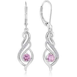 Guesma Twisted Pink Tourmaline Dangle Earrings for Women - Solid Sterling Silver 18K White Gold Plated Drop Created Birthstone Leverback Earrings Jewelry