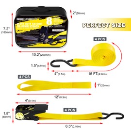 AWELCRAFT Ratchet Straps, 1500 lbs Breaking Strength - Premium 4X 15ft Tie Down Strap Set, 4X Soft Loops for Moving Appliances, Lawn Equipment, Motorcycle (Yellow)