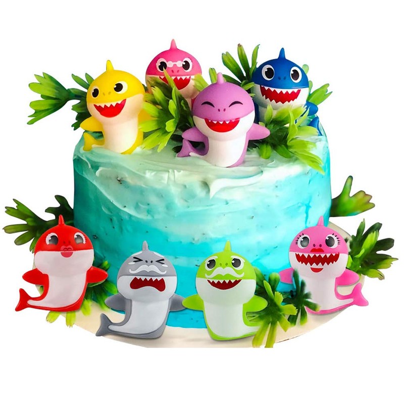 SAKOLLA シャークケーキトッパー - 8パック リトルシャークファミリーケーキデコレーション 子供の誕生日パーティー ベビーシャワー用 (カラーボックス梱包)