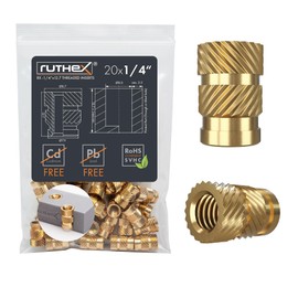 ruthex 1/4" Threaded Inserts - 20 Pieces RX-1/4“-20x12.7 Brass Heat Set Insert for Plastic Parts - Inches knurled Nuts - Insert by Heat into 3D Printing Components