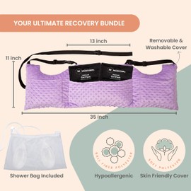 MOYOAMA Bundle Royal Purple Dots: Mastectomy Pillow IR Design with 2X Coldpacks, Shower Bag, and Seatbelt Pillow