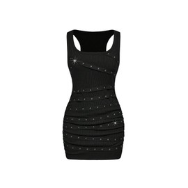 BEAUDRM Women's 2025 Tank Mini Dress Grunge Punk Rivet Bodycon Dresses Party Club Sleeveless Mini Dresses Black Small