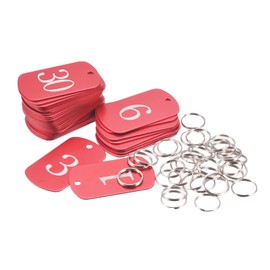 MECCANIXITY Aluminio Metal Llave Etiqueta, 1-35 Número Etiqueta, ID Etiqueta con Anillo 2x1.2 Pulgadas Rojo Rectángulo En Blanco para Decoración, Paquete de 35