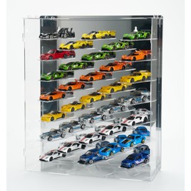 Display Case for Hot Wheels with Lights and Acrylic Cover 1/64 Display Case 45 Degree Angle Toy Cars Storage Case Hold 33 Cars Storage Case for Hot Wheels Gifts for Hot Wheels Collector (Silver)