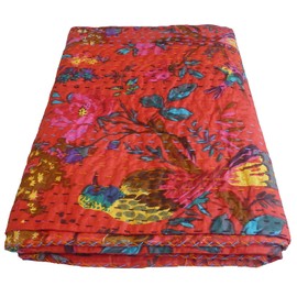 Sophia-Art Twin/King Bed Bohemian Bird Queen Bedspread Handcrafted Handmade Quilt Kantha Bird Print Cover Unique Blanket Bedding Quilt (Red, Twin 60 x 90 Inches)