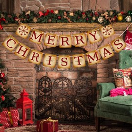 Vintage Merry Christmas Banner Decorations - Retro Nostalgic Traditional Old Fashioned Victorian Xmas Bunting Garland for Indoor/Outdoor Party Supplies, Home, Office, Classroom, Fireplace and More