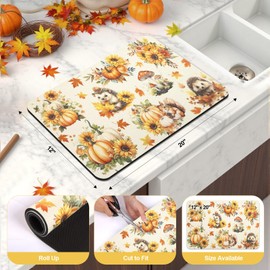 Findosom Fall Dish Drying Mat, 12" x 20" Super Absorbent Sunflowers Pumpkin Dish Mat Drying Kitchen Mat with Squirrel Maple Leaves Pattern, Hide Stain Autumn Harvest Drying Mat for Kitchen Counter