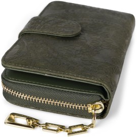 styleBREAKER Wallet with Paisley Floral Embossing, Wrap Around Zipper and RFID Protection, Purse, Women 02040098, Colour:Olive