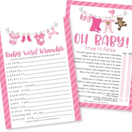 Juegos de baby shower para niñas – 2 juegos de doble cara, 25 palabras para ideas de baby shower, 25 juegos verdaderos o falsos para baby shower, divertidos juegos de baby shower, suministros de fiesta de baby shower
