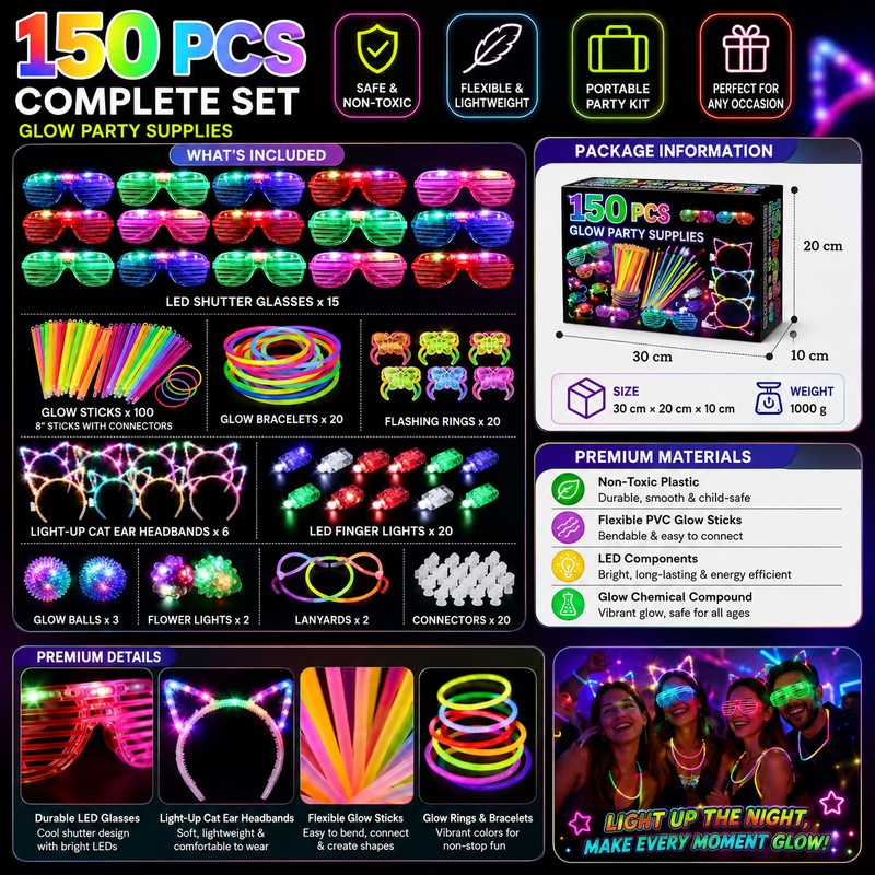 150-Piece Glow Party Favor Set for Night Events – Light