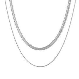 Snake Chain Necklace, Herringbone Necklace 18K Silver Plated Double Layer Herringbone Necklace, Chain Necklace, Gifts For Her, Women Gifts (Silver)
