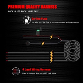 Ampper 4 Lead Wiring Harness for LED Rock Lights, LED Rock Light Pod Wiring Harness Kit with 2 Extension Wires, Relay, Fuse and Switch