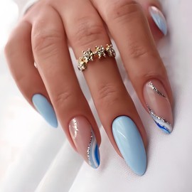 Blue Press on Nails Medium Almond Fake Nails French False Nails with Designs Silver Glitter Waves Stick on Nails Acrylic Nails Full Cover Glossy Glue on Nails for Women Girls Manicure 24pcs