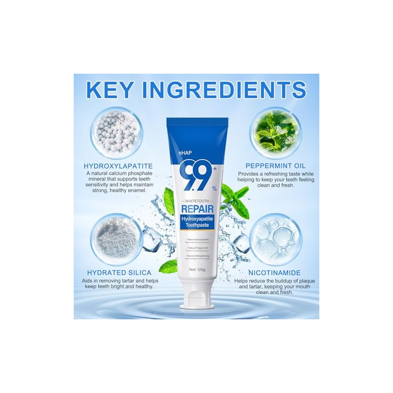 Hydroxyapatite Toothpaste 2PC for Enamel Protection, Contains 9.9% Nano-Hydroxyapatite, Restores