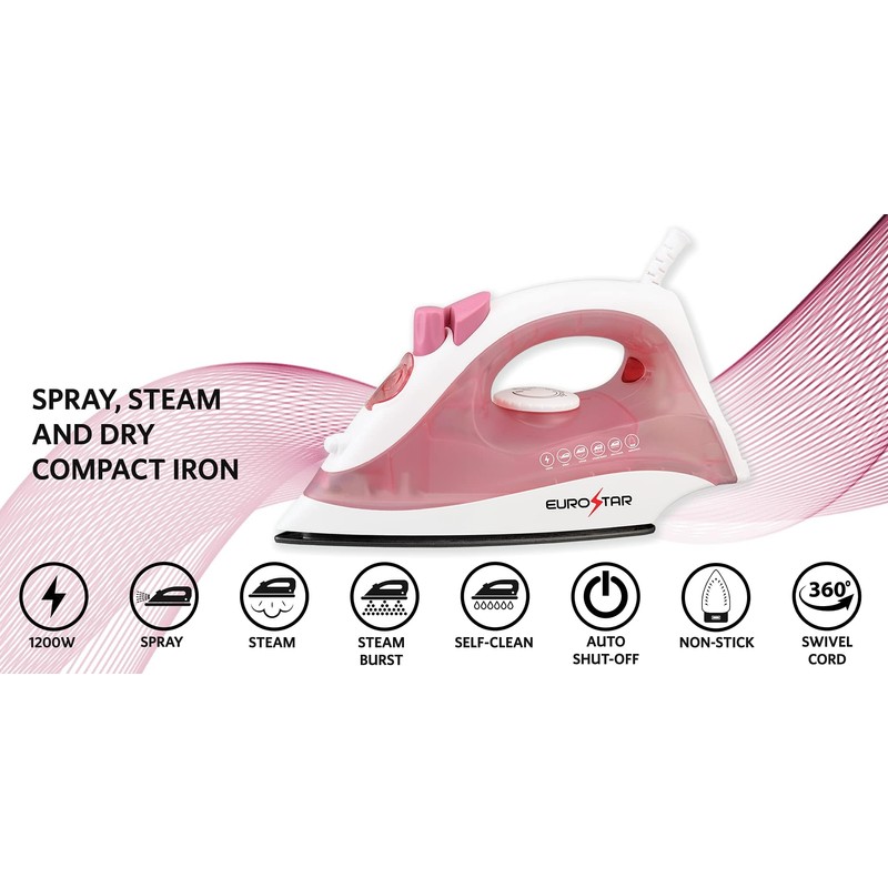 EUROSTAR IR334XP Compact Steam Iron w/Steam Burst & Auto-Shut-Off, Pink