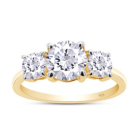 SAVEARTH DIAMONDS 3-Stone 1.6 Carats Round Lab Created Moissanite Diamond Promise Ring for Women in 18K Yellow Gold Plated Sterling Silver with Certificate of Authenticity, Size-4.5
