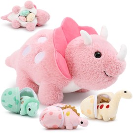 Karister 17.6in Pink Dinosaur Toys for Girls, Mommy Dinosaur Stuffed Animal with 3 Baby Dino Plush(Triceratops, Stegosaurus and Diplodocus),Small Dino Plushies for Girls and Boys,Gifts for Kids