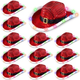 Chuarry 12 Pieces Light Up Santa Claus Cowboy Hats Set, LED Christmas Cowgirl Hat, White and Red Cowboy Hats (Colored Lights,Sequin Style)