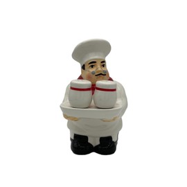 ACK White Chef Hand Painted Ceramic Refillable Salt and Pepper Shaker with Napkin Holder, Kitchen Décor