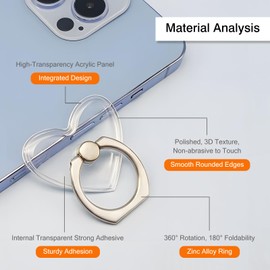 [2 Pack] Transparent Finger Ring Cell Phone Ring Holder Stand,360 Degree Rotation and 180 Degree Adjustable Finger Ring Kickstand with Polished Electroplated Phone Grip-Heart