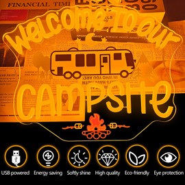 Welcome To Our Campsite Neon Sign for Wall Decor Camping Led Signs Happy Camper Neon Light Dimmable Campfire Light Up Sign for Motorhome Wall Art Rv Touring Trailer Bedroom Party Backdrop