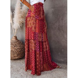 Oyamiki Womens High Waisted Maxi Boho Skirts with Pockets Pleated Flowy Peasant Skirt Printed Red L