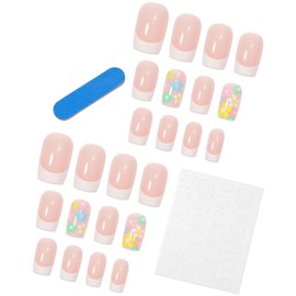 French Tip Press on Nails Short Square Fake Nails Flower False Nails with Design Cute Daisy Stick on Nails Full Cover Glossy Acrylic Glue on Nails Floral Artificial Nails for Women Manicure 24Pcs