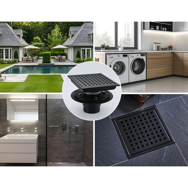 6 Inch Square Shower Drain Kit, Matte Black 304 Stainless