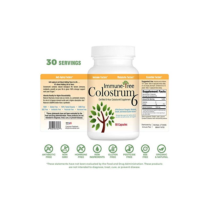 Immune Tree Colostrum6, Certified 6-Hour Colostrum, 90 Capsules