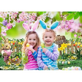 CHAIYA 10X8FT Spring Easter Garden Photography Backdrop Green Grass Lawn Pink Floral Fence Background Family Party Decorations Banner CY-207