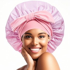 Drokenle Satin Bonnet Silk Bonnet for Sleeping Women Hair Night Sleep Cap Satin Bonnets with Tie Band Large Size Hair Cap for Thick Curly Hair Braid (Pink)