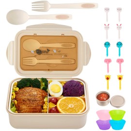 Bento Box Fiambrera Lonchera para Adultos, Caja de Almuerzo de Estudiante,1400ml-4 Compartimentos, con Púas de Alimentos, Tazas para Tartas, Apto para Microondas/Lavavajillas/Congelador(Caqui)