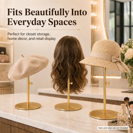 Lorveelo Hat Display Stand 3PCS, Gold Stainless Steel Adjustable Hat Stand 8.6–14.1in, Metal Hat Holder with Stable Non-Slip Base for Cowboy Hats, Wigs, Caps, Boutique Store & Photography Studio
