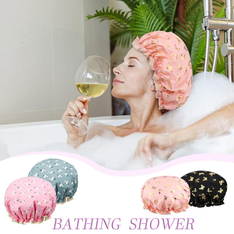 Shower Cap Elastic Band Double Layer Waterproof Bath Caps Reusable