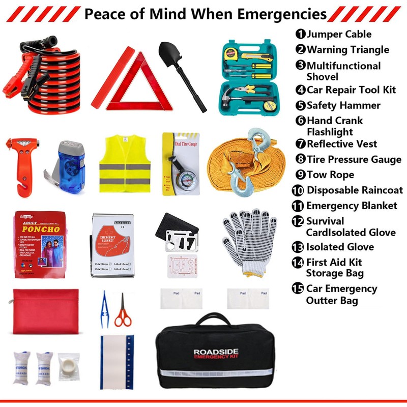 Car Emergency Roadside Tool Kit with Jumper Cable Shovel,Auto Truck