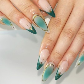 Green French Tips Press on Nails Gold Curve Line Medium Almond False Nails Stars Gel Glue on Nails 24Pcs Glossy Green Gradient Acrylic Fake Nails Green Ombre Stick on Nails for Coquette Women Girls