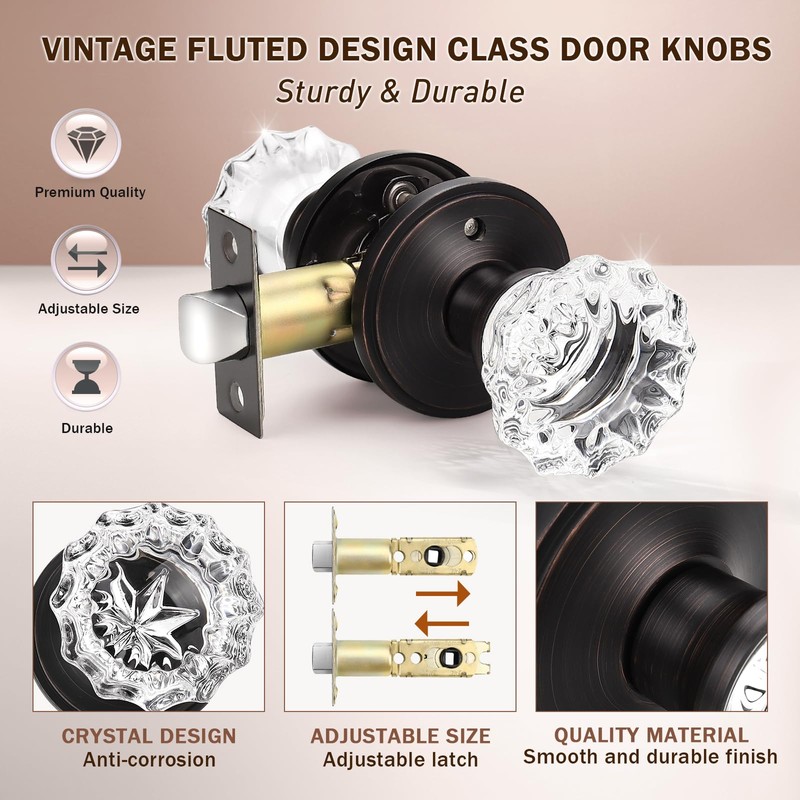 KNOBWELL Modern Round Crystal Door Knobs with Lock, Frosted Glass