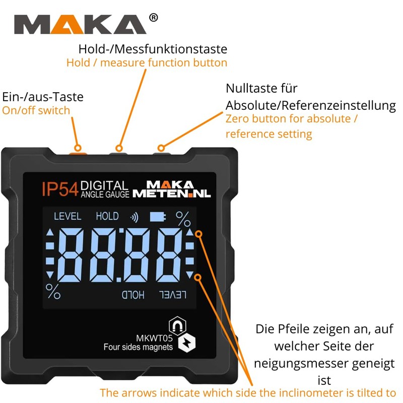MAKA Digital Inclinometer, Accuracy from 0.1° to 0.2°, Magnets on