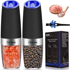 FaCreate Gravity Electric Salt and Pepper Grinder Set,Automatic Operation Electric Salt and Pepper Shakers Set，Battery Powered Adjustable Coarseness Pepper Mill Grinder LED Light, Black (2PACK)