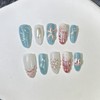 Almond Press on Nails Medium 3D Blue Fake Nails Chrome