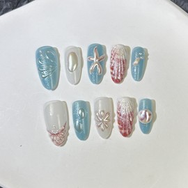 Almond Press on Nails Medium 3D Blue Fake Nails Chrome False Nails with Shell Starfish Pearls Glitter Designs Summer Acrylic Nails Handmade Nail Ocean Glossy Glue on Nail for Women Girls 30Pcs