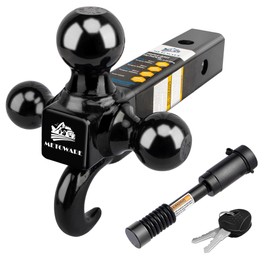MEOTWARE Trailer Hitch Tri-Ball Mount with Hook - Heavy Duty Trailer Ball Size 1-7/8", 2" and 2-5/16", Fits 2 Inch Receiver Pickup Truck, Hollow Shank with 5/8" Hitch Lock, Black