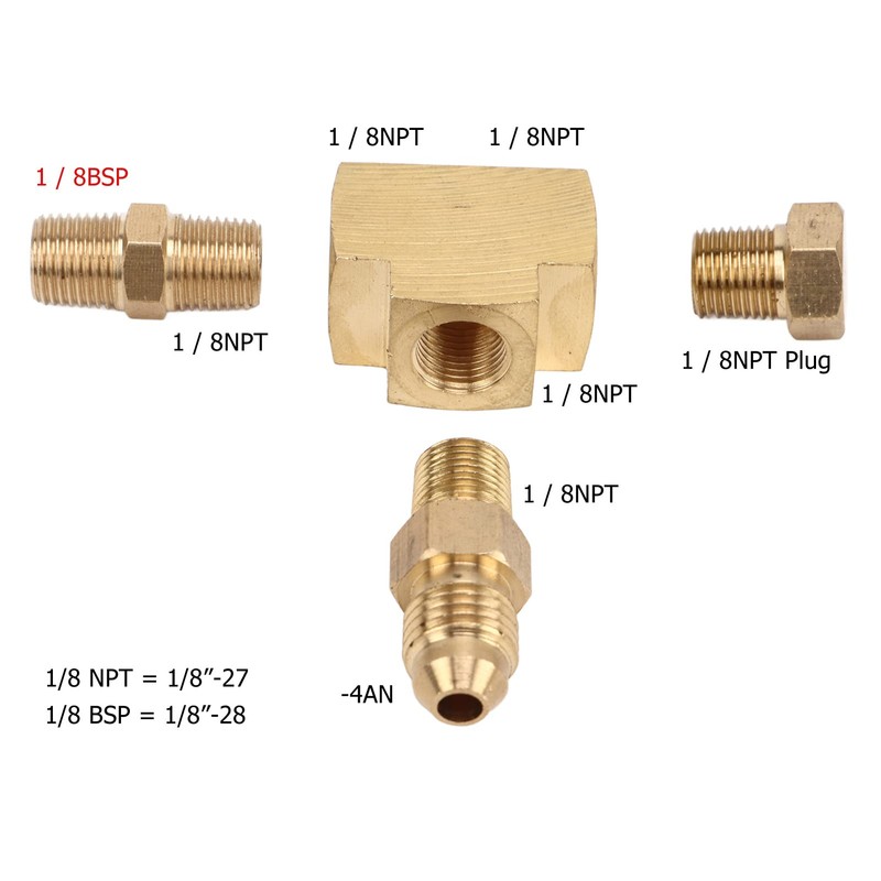 Tee Adapter Fitting, Brass 4AN 1/8 BSP 1/8 NPT Adapter