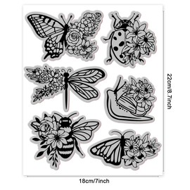 GLOBLELAND Insects Flowers Cling Rubber Stamp 7.09x8.66inch Floral Wings EVA Stamps Embossing Stamp Seal Rubber Stamps for DIY Scrapbooking and Card Making Paper Craft Decor